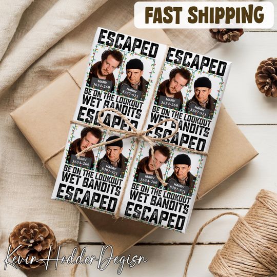 Escape Be On The Lookout The Wet Bandits Home Alone Christmas Wrapping Paper, Funny Hilarious Xmas Gift Wrap, Unique Holiday Wrapping Paper