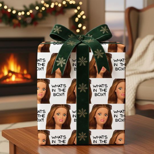 Discover What's In The Box Wrapping Paper, Funny Doll Face with Judging Expression, Funny Birthday Gift Wrap, Meme Print, Elegant Christmas Gift Wrap