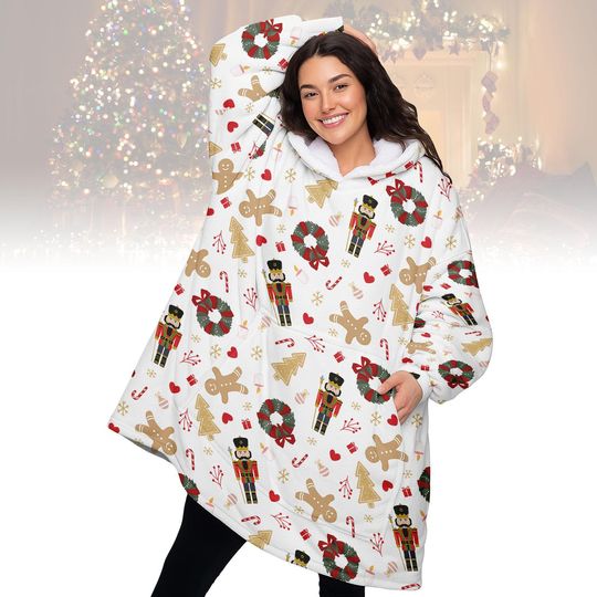 Discover Gingerbread Nutcracker Hoodie Blanket, Cozy Christmas Wearable Blanket, Warm Oversized Sherpa Hoodie, Gingerbread Holiday Gift