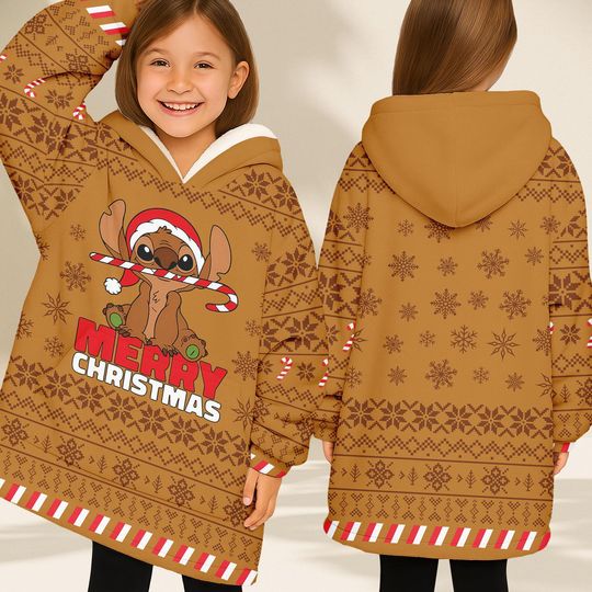Cute Stitch Merry Christmas Hoodie Blanket, Funny Gingerbread Holiday Wearable Blanket, Cozy Sherpa Hoodie, Warm Christmas Gift