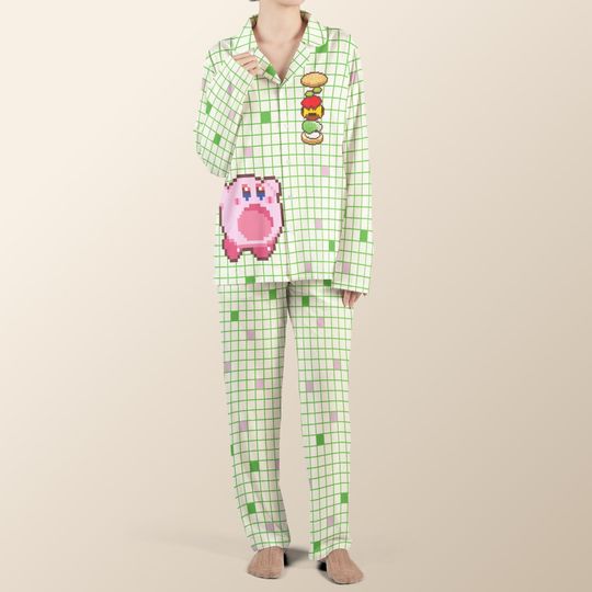 Kirby Hamburger Nintendo Pixel Pajamas set, Kirby Pixel Pajamas Sleepwear, Mario Family Matching, Arcade Fans Gift, Christmas Gift