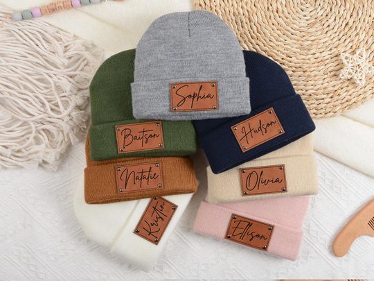 Discover Personalized Hat | Name Hat | Custom Baby Kids Child Baby Newborn Beanie | Slouchy | Baby Shower Gift | Birthday Gift | Leather Patch