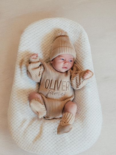 Discover knit baby romper custom embroider chunky sweater beige knit unisex coming home milestone photo announcement reveal outfit onesie