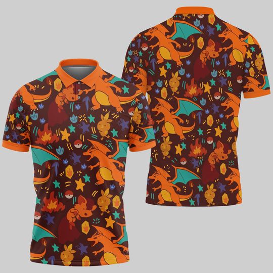 Charizard Polo Shirt, Unisex Fire Dragon Pattern Polo, Kawaii Summer Polo Top, Funny Trendy Shirt, Charizard Shirt Gifts