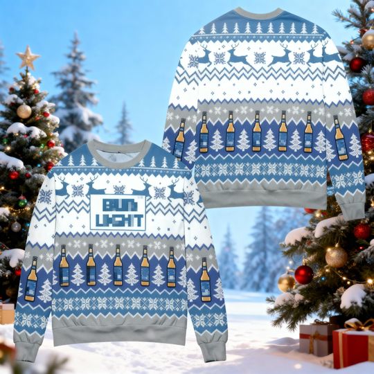 Discover Reindeer Winter Ugly Xmas Jumper, Blue Light Beer Christmas Sweater, Bottle Pattern Holiday Sweatshirt, Funny Drinking Gift for Beer Lover