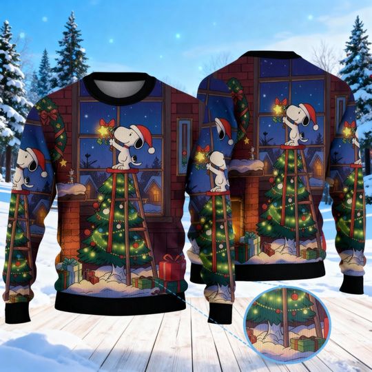 Discover Cute Beagle Ugly Christmas Sweater, Cartoon Dog Decorating Tree Holiday Sweatshirt, Funny Xmas Party Pullover, Fan Animation Gift for Her
