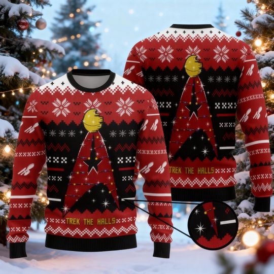 Sci-Fi Christmas Sweashirt, Trek The Halls Ugly Sweater, Geek Gift for Him Her, Red Black Holiday Pullover, Space TV Show Christmas Gift