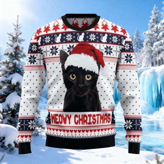 Discover Cute Cat Christmas Sweater, Black Cat Meowy Christmas Ugly Sweater, Funny Holiday Sweater For Cat Lover Men Women, Xmas Gift, Holiday Gift
