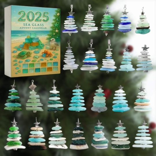 Discover Sea Glass Advent Calendar 2025, Beach Christmas Tree Ornament Set, Ocean Lover Coastal Holiday Gift, Nautical Countdown