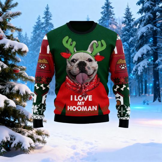 Pug Christmas Ugly Sweater, I Love My Hooman Sweater, Funny Dog Holiday Jumper, Reindeer Antlers Pug Knit Pullover, Cute Pet Lover Ugly Xmas Gift