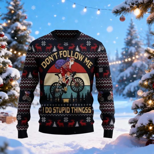 Discover Santa Bike Ugly Holiday Sweater, Funny Cycling Ugly Christmas Sweater, Dont Follow Me Quote Knit Sweatshirt, Unisex Xmas Gift