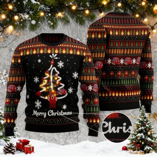 Merry Christmas Firefighter Christmas Tree Ugly Sweater, Fireman Xmas Sweater, Firefighter Ugly Xmas Sweater, Fire Department Gift For Men