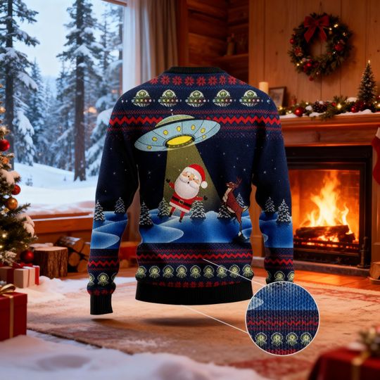 Discover Funny Abduction Holiday Jumper, Alien UFO Christmas Sweater, Green and Black Space Knit Sweater, Sci-Fi Reindeer Pattern Winter Gift for Him