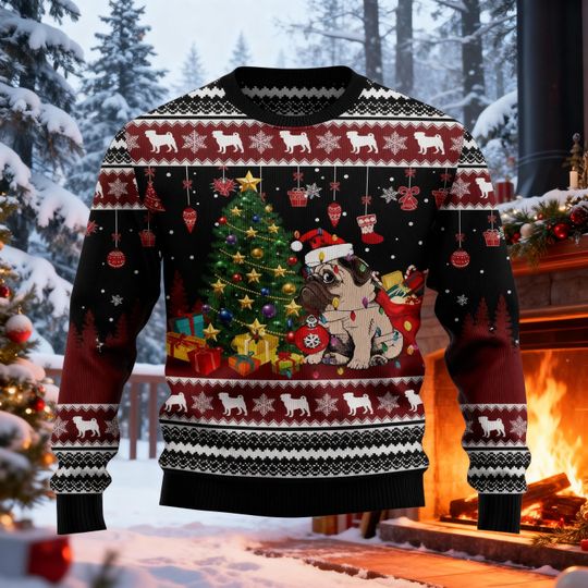 Funny Dog Holiday Sweatshirt, Pug Christmas Ugly Sweater, Pug With Santa Hat Knit Pullover, Cute Pet Lover Ugly Xmas Gift, Dog Xmas Sweater