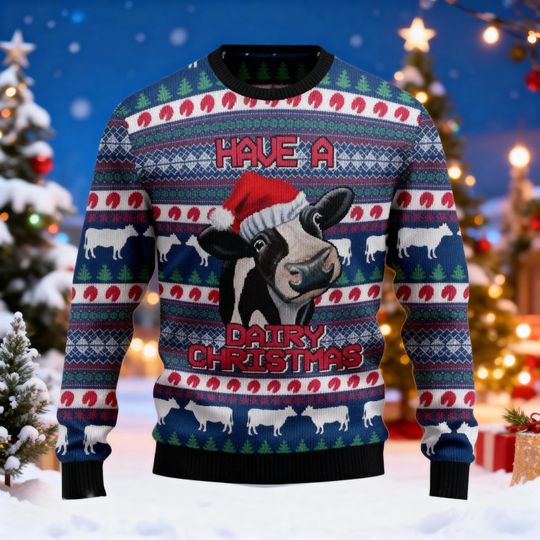 Cow Dairy Christmas Ugly Sweater, Funny Dairy Cow Xmas Sweatshirt, Funny Dairy Cow Christmas Gift For Men Women Kid