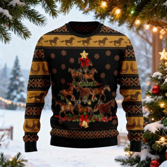 Horse Christmas Tree Ugly Sweater, Equestrian Holiday Jumper, Horse Lover Gift, Riding Stable Xmas, Mare Mare Pullover, Funny Horse