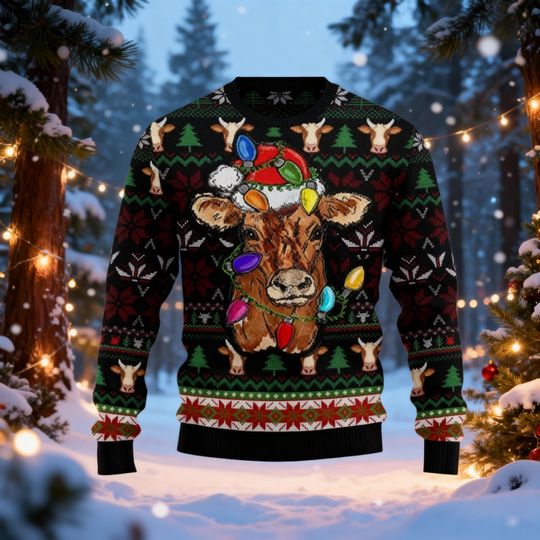 Discover Funny Cow Santa Hat Xmas Sweatshirt, Funny Cow Santa Hat Ugly Christmas Sweater, Funny Cow Christmas Gift For Men Women Kid
