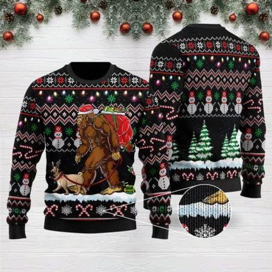 Funny Camping Ugly Christmas Sweater, Sasquatch & Mothman Holiday Sweatshirt, Believe in Bigfoot Xmas Pullover for Campers, Xmas Party Gift