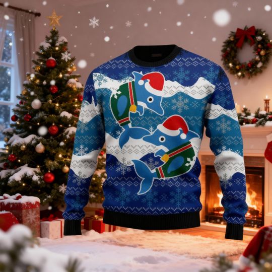 Discover Dolphin Christmas Ugly Sweater, Santa Fish Xmas Sweater, Ocean Ugly Sweatshirt, Merry Dolphin Family Sweater, Holiday Gift Idea