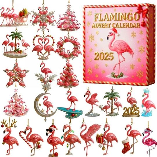 Discover Flamingo Advent Calendar 2025, 24 Days Christmas Countdown Box, Pink Flamingo Ornaments Set, Tropical Holiday Decor Gift for Her