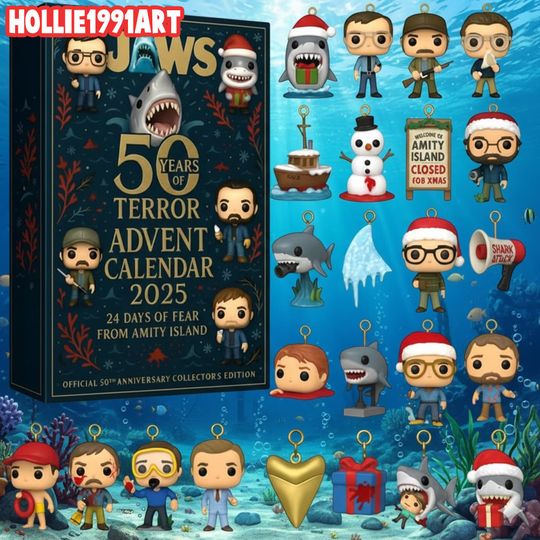 Discover 24 Day Classic Shark Movie Calendar, Ocean Terror Ornaments, Horror Film Fan Gift, Beach Town Character Set, Retro Collector