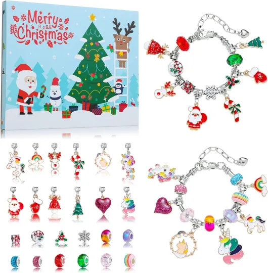 Discover Christmas Advent Calendar Bracelets 2025, 24 Days Blue-Christmas&Unicorn