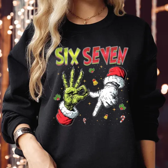 Discover Six Seven Meme Christmas Sweatshirt Funny Character Joke Xmas