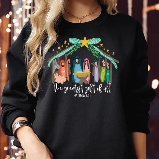 Discover Holy Night Christmas Nativity Scene Jesus Bible Verse Sweatshirt