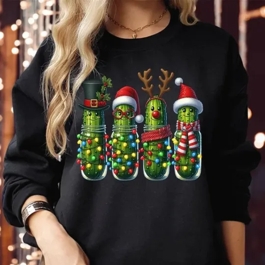 Discover Funny Christmas Pickle Sweatshirt with Cucumber Lights Jumper