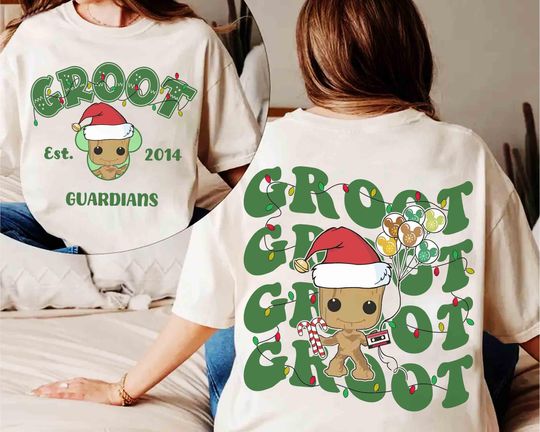 Discover Double Sided Groot Disney Christmas T-Shirt with Santa Hat and Balloon Gift for Baby Disney Lovers