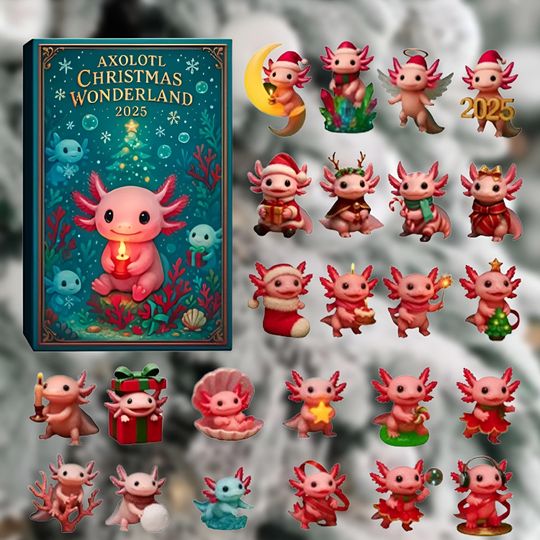 Discover Axolotl Advent Calendar 2025, 24 Day X-Mas Countdown Box 2D Acrylic, Axolotl Figurines Holiday Gift, Xmas Calendar for Kids and Collectors