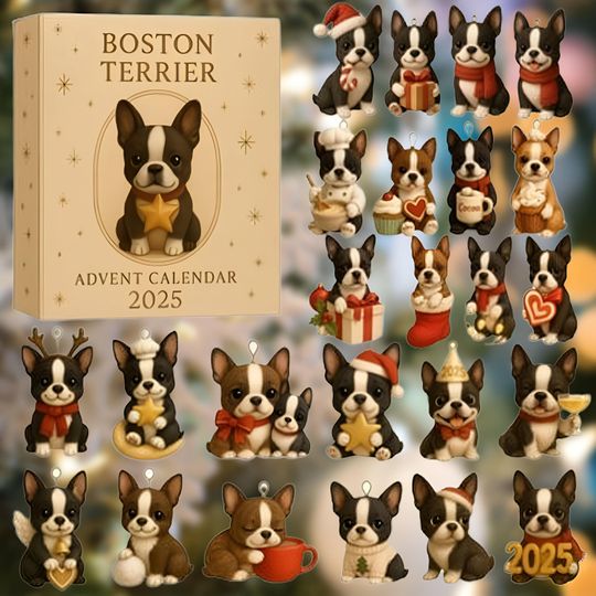 Discover Boston Terrier Lovers Advent Calendar 2025, 24 Mini Puppy Collectibles 2D Acrylic, Fun Christmas Countdown Gift for Dog Moms & Dads