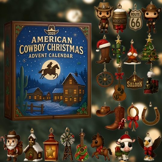 Discover American Cowboy Advent Calendar 2025, 24-Day Western X-Mas Countdown Box 2D Acrylic, Rustic Ranch Gift, Country Cowboy Holiday Home Decor