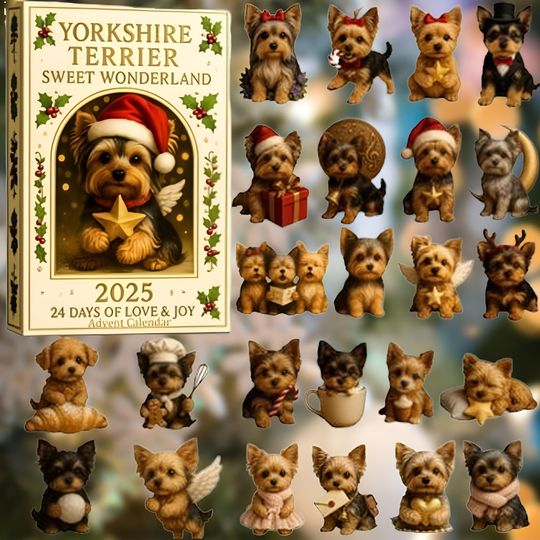 Yorkshire Terrier Advent Calendar 2025, 24Day Sweet Wonderland Countdown Set 2D Acrylic, Cute Yorkie Gift for Dog Lovers, Holiday Home Decor