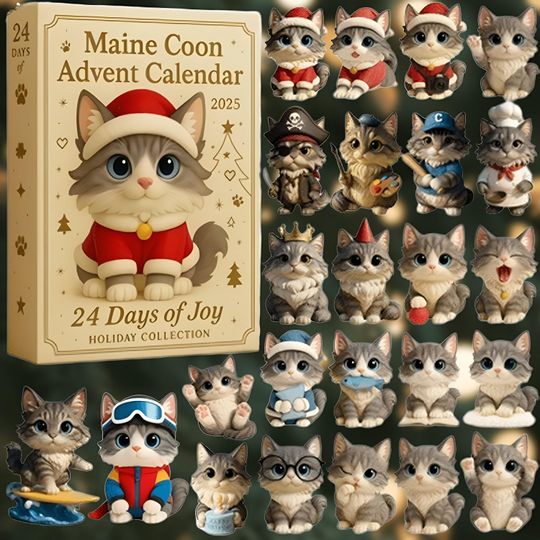Maine Coon Advent Calendar 2025, 24 Mini Cat Surprises, X-Mas Countdown Box 2D Acrylic, Perfect Holiday Gift For Feline Lovers & Families