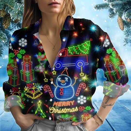 Discover Christmas Neon Lighting Blouse, Snowman Women's Shirt, Xmas Light Casual Top, Holiday Merry Xmas Blouse