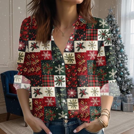 Christmas Tree Blouse with Snowflake Print for Women, Holiday Shirt
