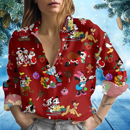 Discover Mickey And Friends Women's Blouse Shirt, Disney Christmas Cartoon Top, Holiday Women’s Shirt
