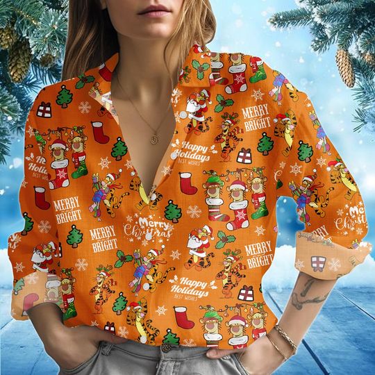 Discover Women's Christmas Tigger and Winnie the Pooh Blouse, Disney Cartoon Santa Shirt