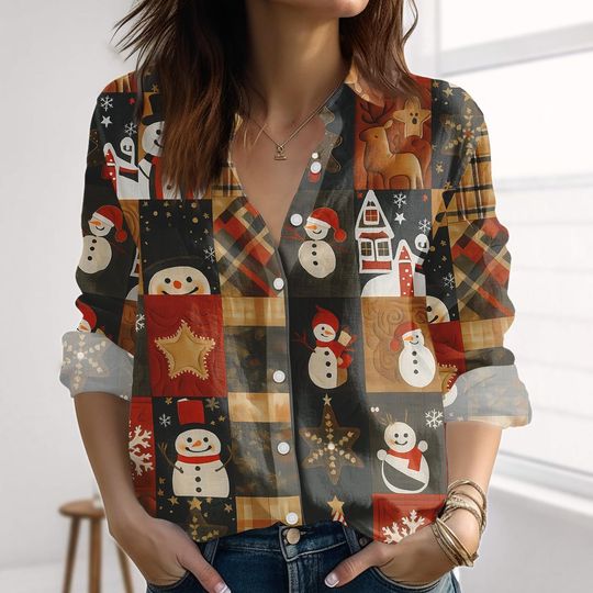 Discover Vintage Snowman Christmas Shirt for Women, Plaid Patchwork Winter Blouse