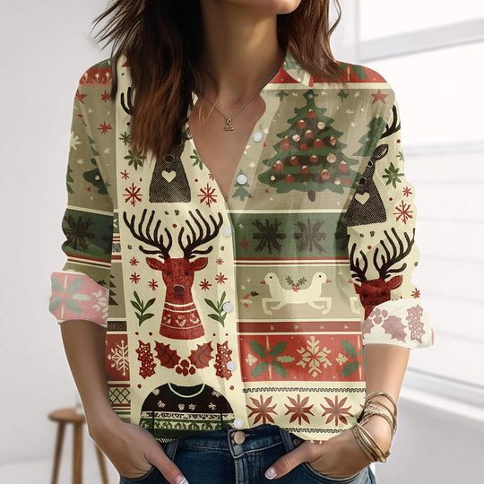 Discover Vintage Reindeer Christmas Women's Blouse, Nordic Xmas Party Shirt, Rustic Winter