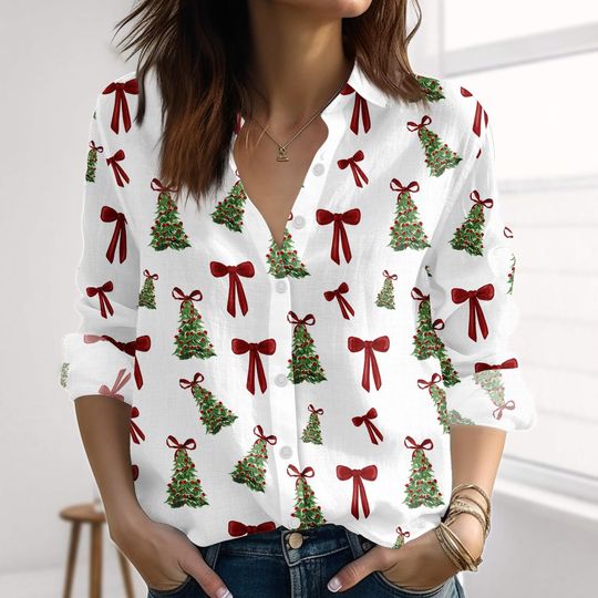 Coquette Christmas Bows Shirt for Women, Holiday Button Down Blouse with Christmas Tree