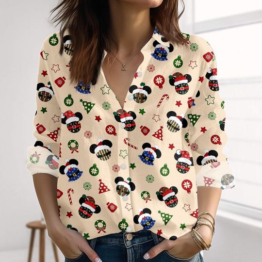 Discover Mickey Head Christmas Linen-Look Shirt, Disney Mouse Blouse Shirt, Mickey Xmas Women Shirt, Magic Kingdom Casual Shirt, Xmas Ideas