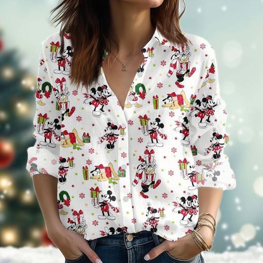 Discover Mickey And Minnie Christmas Blouse Shirt, Disney Mouse Women Shirt, Mickey & Friends Xmas Linen-Look Shirt, Xmas Party Button Shirt