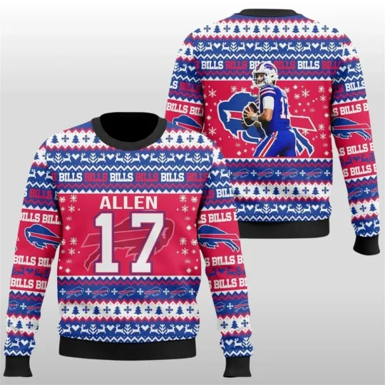 Discover 2025 football Buffalo Bill Allen 17 Ugly Christmas Sweater