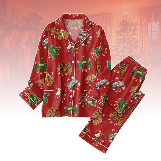Discover Gamer Christmas Pajama Set, Red Video Game Controller Winter Sleepwear