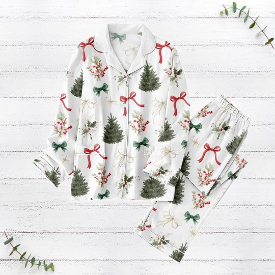 Discover Christmas Tree Bows Pajamas Set for Women, Holiday Pine Tree Loungewear, Funny Winter Pajamas, Xmas Gift