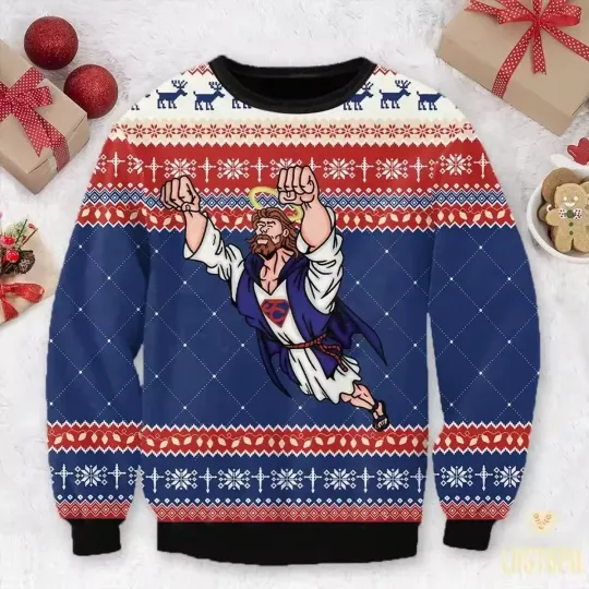 Discover Funny Jesus Flying Ugly Christmas Sweater Religious Holiday Pullover