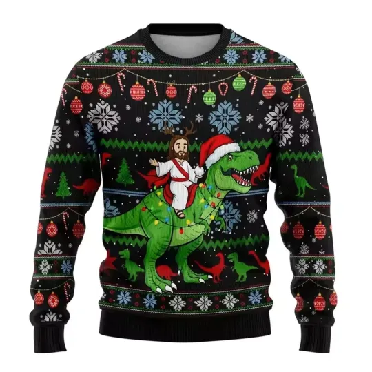Discover Jesus Riding Dinosaur Funny Ugly Christmas Sweater