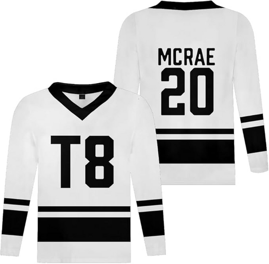 Discover Tate McRae T8  hockey merch the Think Later World Tour Jersey Vneck Long Sleeve Sweatshirt Men Women pullover